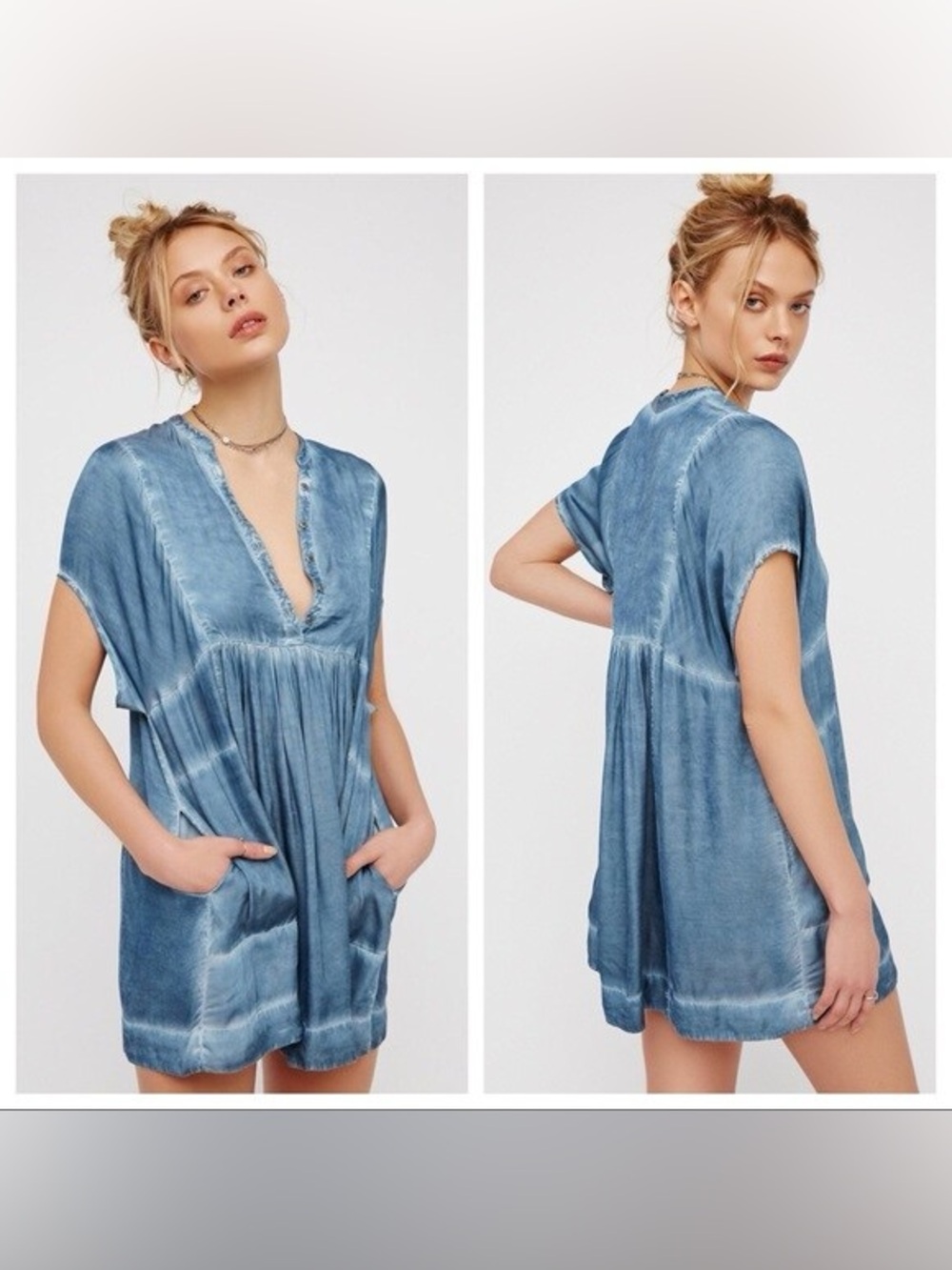 Free People Washed Blue V-Neck Short Sleeve Tunic
 (B1)